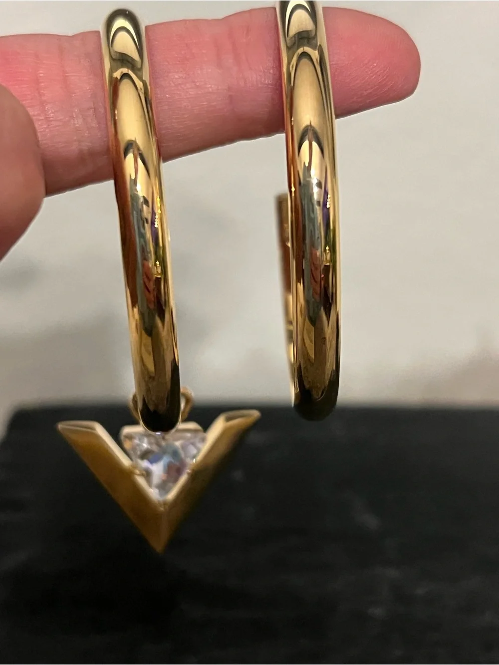 Valentino Garavani Gold Hoop Earrings with Triangle Crystal Charm “Je Les V”